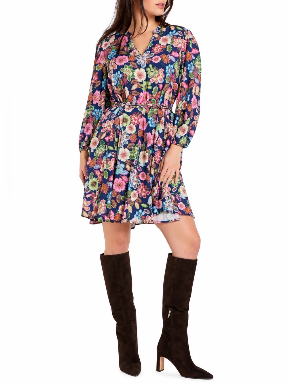 Hermoza Gayle Dress XS Navy Floral Belted Godet Mini Dress NWT